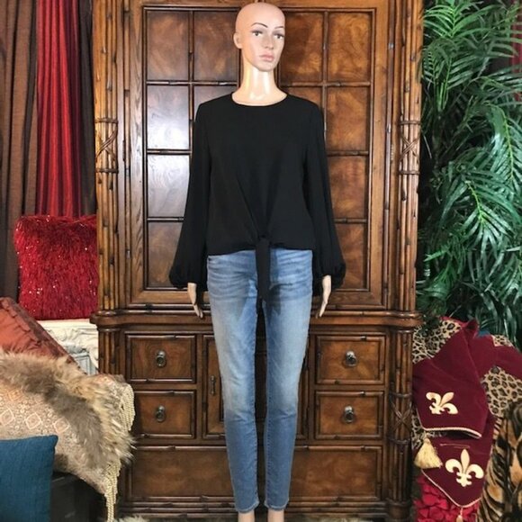 NWOT Black Tie Front Blouson Sleeve Keyhole Neck Top - Picture 4 of 8